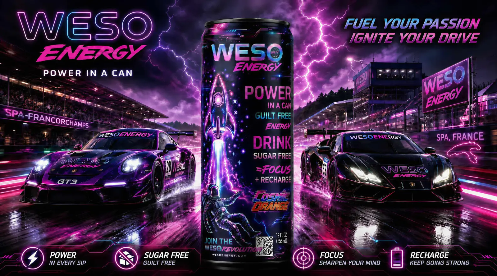 WESO Energy — Porsche GT3 and Lamborghini GT race cars flanking a giant WESO can at Spa-Francorchamps, 'Fuel Your Passion - Ignite Your Drive'