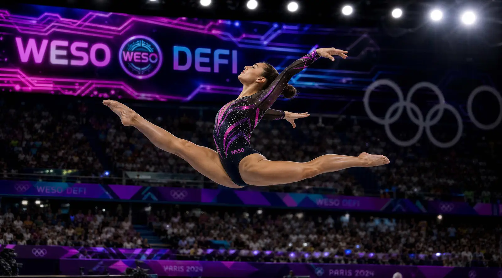 WESO DeFi — female gymnast in a WESO-branded leotard performing a mid-air split leap at the Paris 2024 Olympics with a WESO DeFi banner and Olympic rings